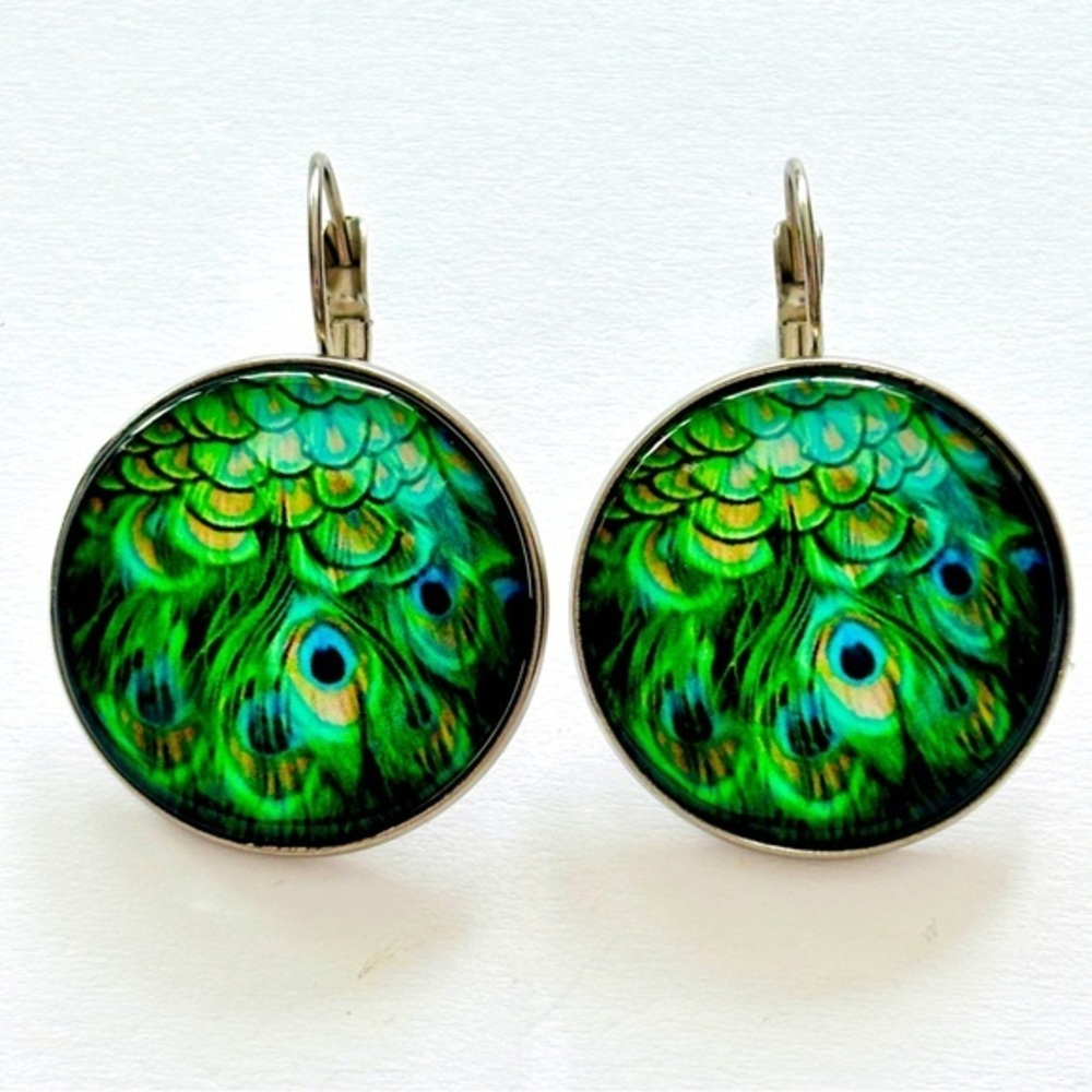 Peacock feather Print Stainless Steel French Clasp Earrings, 25mm, NWT